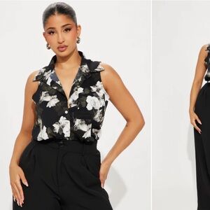 Black and White Floral Button Top